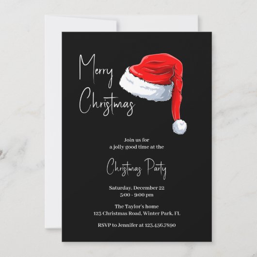 Modernes Schwarz-Weiß-Weihnachtsmannmütze Weihnach Einladung (Vorderseite)