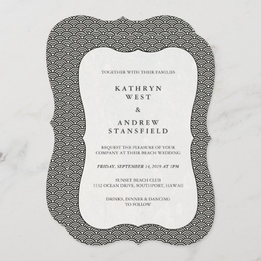 Modernes Schwarz-Weiß-Wellenmuster Einladung Hochz (Vorne/Hinten)