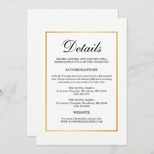 Modernes Schwarz-weiße mit Goldgrenzenhochzeit - D Einladung (Vorne/Hinten)