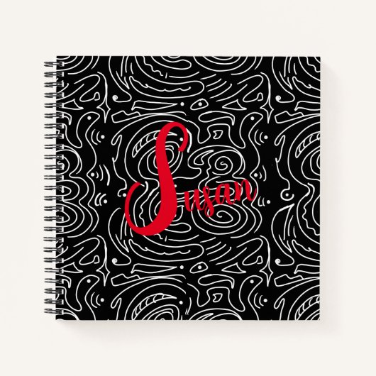 Modernes Schwarz-weißes Abstraktes Rotes Journal Notizblock (Vorderseite)