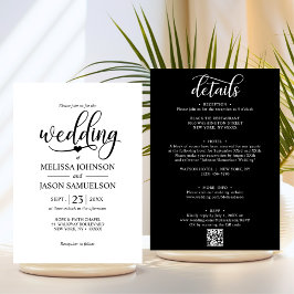 Modernes Schwarz-weißes ALL IN ONE Wedding + QR Co Einladung