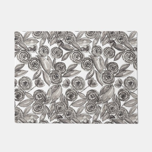 Modernes Schwarz-weißes Blumenfarbenmonogramm Fußmatte (Vorderseite)