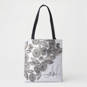 Modernes Schwarz-weißes Blumenfarbenmonogramm Tasche