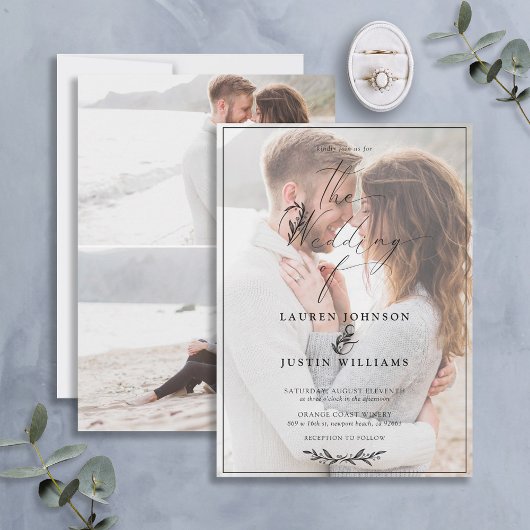 Modernes Schwarz-weißes Botanisches Script Vellum  Einladung