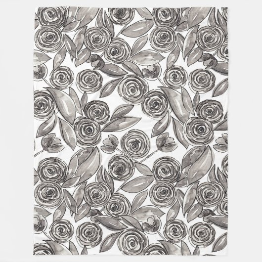 Modernes Schwarz-weißes Floral-Aquarellmuster Fleecedecke (Vorderseite)