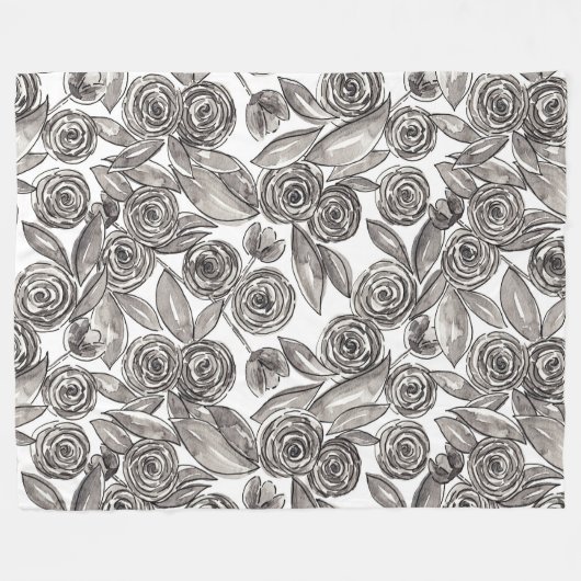 Modernes Schwarz-weißes Floral-Aquarellmuster Fleecedecke (Vorderseite (Horizontal))