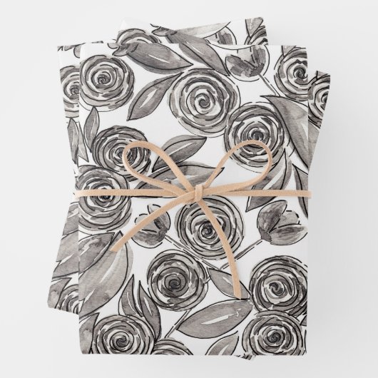 Modernes Schwarz-weißes Floral-Aquarellmuster Geschenkpapier Set (Beispiel)