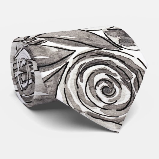 Modernes Schwarz-weißes Floral-Aquarellmuster Krawatte (Gerollt)