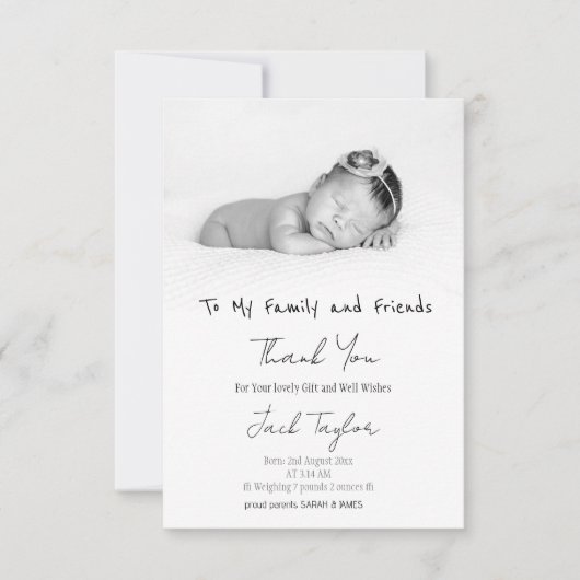 Modernes Schwarz-weißes Foto Handwriting Baby Birt Dankeskarte (Vorderseite)