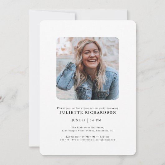 Modernes Schwarz-weißes Foto Uni-Abschluß Party Einladung (Rückseite)