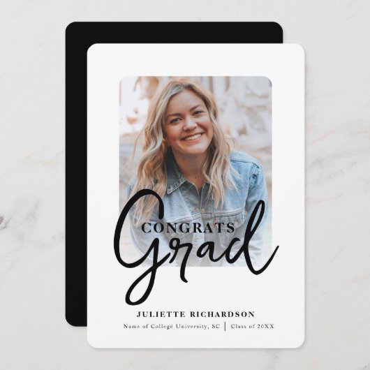 Modernes Schwarz-weißes Foto Uni-Abschluß Party Einladung (Vorne/Hinten)