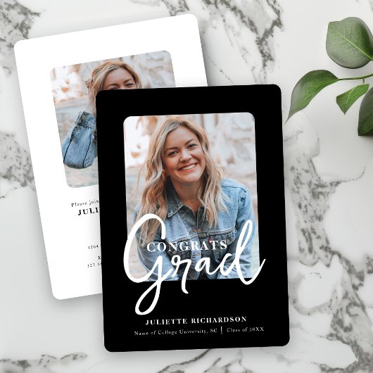 Modernes Schwarz-weißes Foto Uni-Abschluß Party Einladung