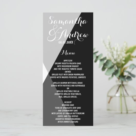 Modernes Schwarz-weißes Hochzeitsmenü Menükarte (Stehend Vorderseite)