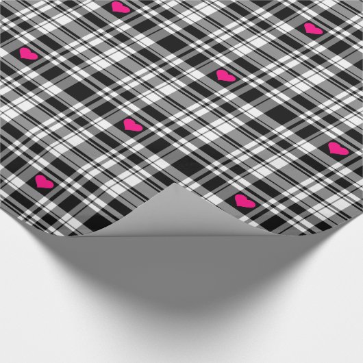 Modernes Schwarz-weißes kariertes Muster, rosa Her Geschenkpapier (Ecke)