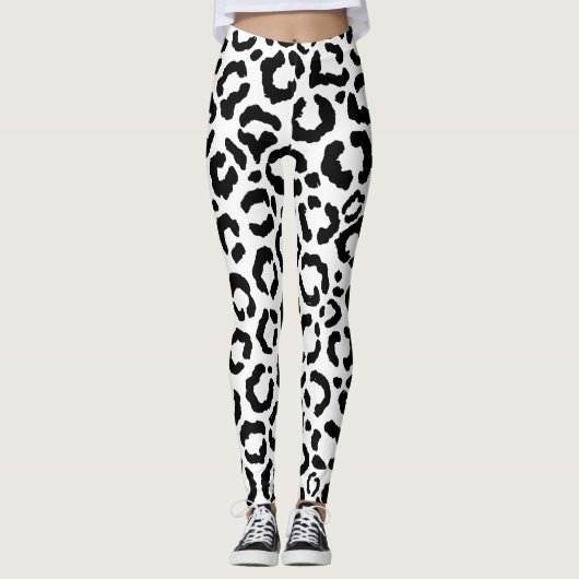 Modernes Schwarz-weißes Leopard-Muster für Tierdru Leggings (Vorderseite)