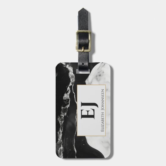 Modernes, Schwarz-weißes Marmor Mit Monogramm Gold Gepäckanhänger (Vorderseite vertikal)