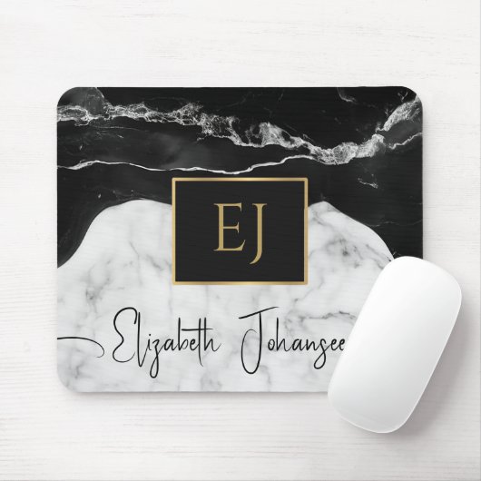 Modernes Schwarz-weißes Marmorgoldmotiv Mit Monogr Mousepad (Mit Mouse)