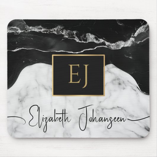 Modernes Schwarz-weißes Marmorgoldmotiv Mit Monogr Mousepad (Vorne)