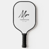 Modernes Schwarz-weißes Minimalistisches Skript Pickleball Schläger (Rückseite)