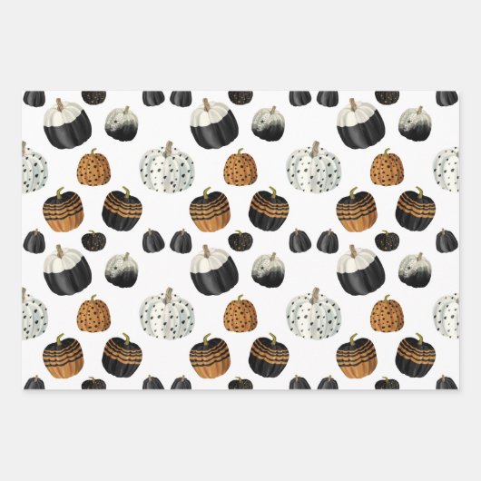 Modernes Schwarz-weißes Orange Pumpkin Pattern Geschenkpapier Set (Vorderseite 3)