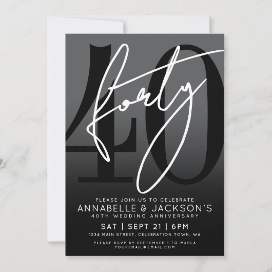 Modernes Schwarz-weißes Party zum 40. Jubiläum Einladung (Vorderseite)