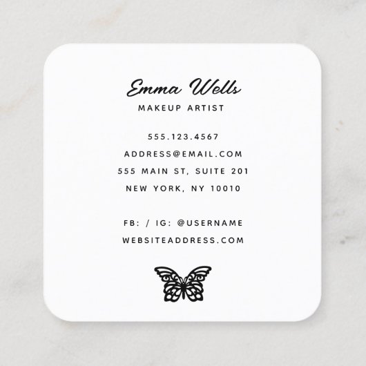 Modernes Schwarz-weißes Schmetterlingsrosa Quadratische Visitenkarte (Rückseite)