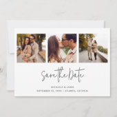 Modernes Schwarz-weißes Script 3 Foto Hochzeit Save The Date (Vorderseite)