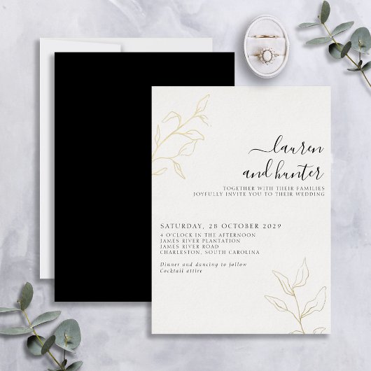 Modernes Schwarz-weißes Script Botanical Wedding G Folieneinladung