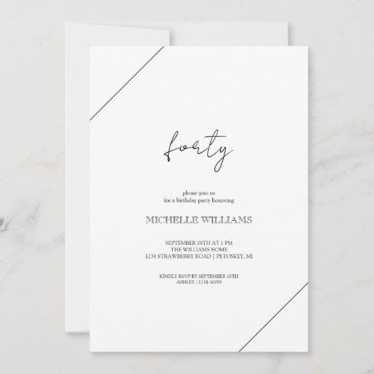 Modernes, schwarz-weißes Script-Party Einladung (Vorderseite)