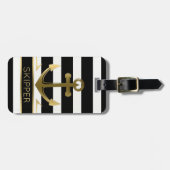 Modernes Schwarz-weißes Streifen-Goldseeanker Gepäckanhänger (Vorderseite horizontal)