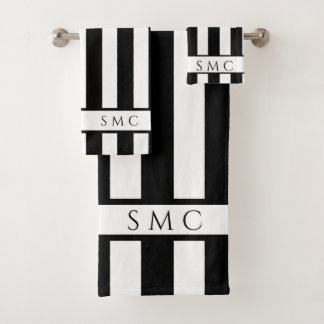 Modernes, Schwarz-weißes Strickbad Monogram Badhandtuch Set