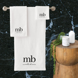 Modernes Schwarz-weißes Trendy Script Initial Mono Badhandtuch Set