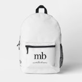 Modernes Schwarz-weißes Trendy Script Initial Mono Bedruckter Rucksack (Vorderseite)