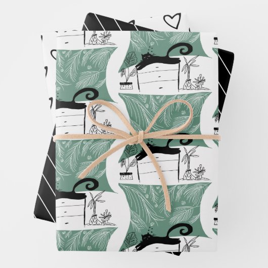 Modernes Schwarze Katze- und Pflanze-Muster Geschenkpapier Set (Beispiel)