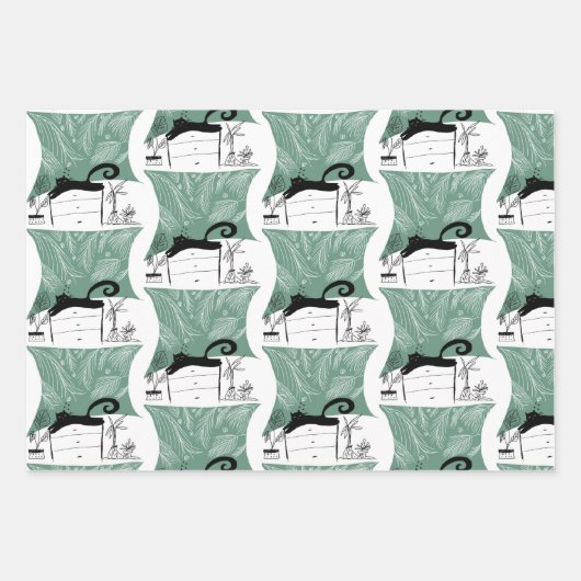 Modernes Schwarze Katze- und Pflanze-Muster Geschenkpapier Set (Vorderseite)