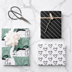 Modernes Schwarze Katze- und Pflanze-Muster Geschenkpapier Set