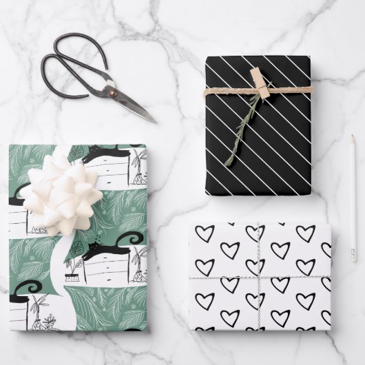 Modernes Schwarze Katze- und Pflanze-Muster Geschenkpapier Set (Vorderseite)
