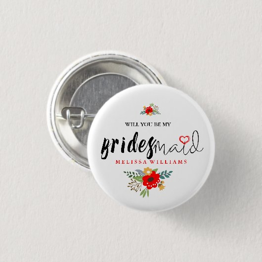 Modernes Schwarzer Text Design Bridesmaid Rotes He Button (Vorne & Hinten)