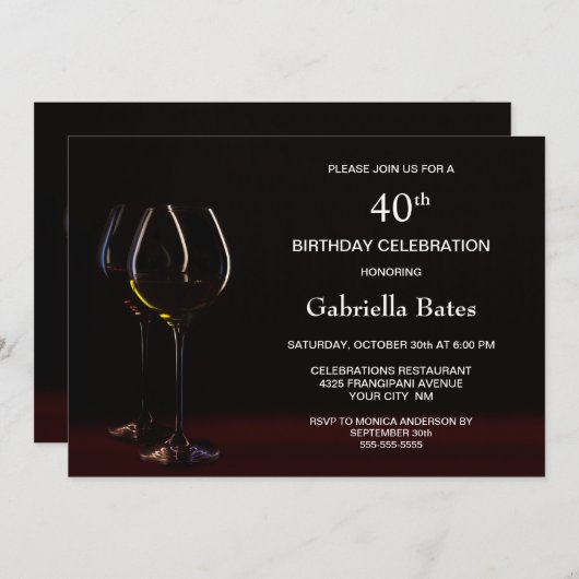 Modernes Schwarzes 40. Geburtstag Weinglas Party Einladung (Vorne/Hinten)