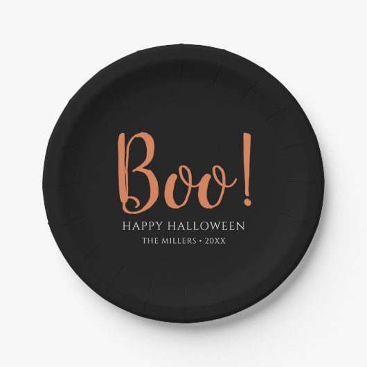 Modernes Schwarzes Boo-Halloweens Pappteller (Vorderseite)