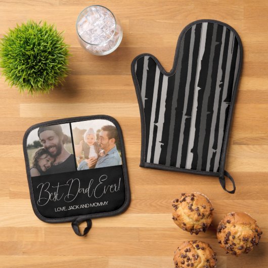 Modernes Schwarzes Foto Bester Vater je Ofenhandschuh & Topflappen-Set (Oben Unten)