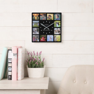Modernes schwarzes Foto-Collage-Monogramm Name Sq Quadratische Wanduhr