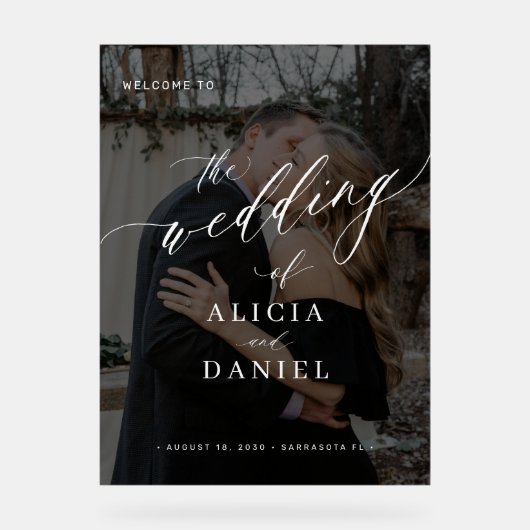 Modernes Schwarzes Foto-Drehbuch Hochzeitsempfang Acrylschild (Vorderseite)