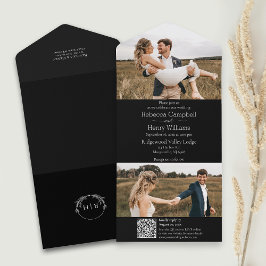 Modernes Schwarzes Foto | Monogramm | QR-Code All In One Einladung