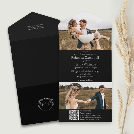 Modernes Schwarzes Foto | Monogramm | QR-Code All In One Einladung