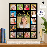 Modernes Schwarzes Gold 15 FotoCollage Poster<br><div class="desc">Erstellen Sie ein Schaumstoffdisplay für Graduiertengruppen mit diesem leicht hochzuladenden Foto-Collage-Template für 15 Aufnahmen Ihres Absolventen durch die Jahre gerahmt mit einem goldenen Rahmen und personalisiert mit dem Namen, Klassenjahr und Schule oder anderen benutzerdefinierten Text in Ihrer Farbwahl. Das Design verfügt über ein Imitat Metall Gold handgeschriebenen Titel GRADUATE und...</div>