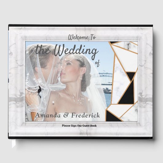 Modernes Schwarzes Gold Abstrakt auf weißem Marmor Gästebuch (Vorderseite)