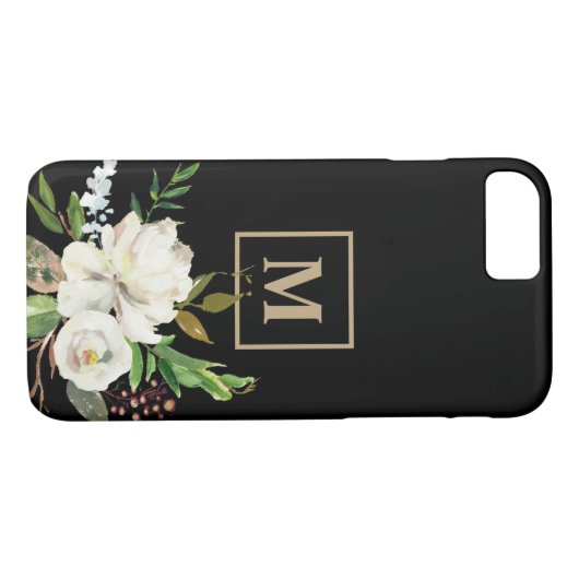 Modernes Schwarzes Gold-Farbflor-Monogramm Case-Mate iPhone Hülle (Rückseite (Horizontal))