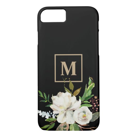 Modernes Schwarzes Gold-Farbflor-Monogramm Case-Mate iPhone Hülle (Rückseite)