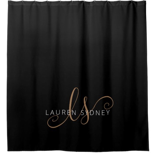 Modernes Schwarzes Gold Feminin Script Mit Monogra Duschvorhang (Vorderseite)